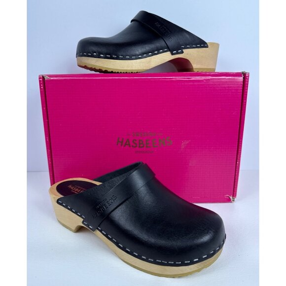 Swedish Hasbeens Women's Husband Black Leather Wooden Sole Clogs SZ EU 36 , US 6 - Picture 12 of 14